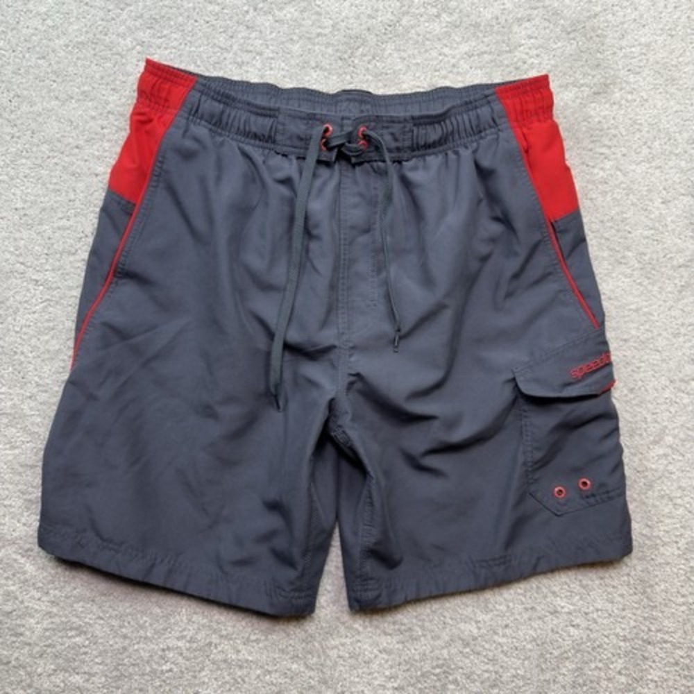 Speedo Swim Trunks Mens Large Gray Red Cargo Pocket Mesh Lined Board Shorts Pool